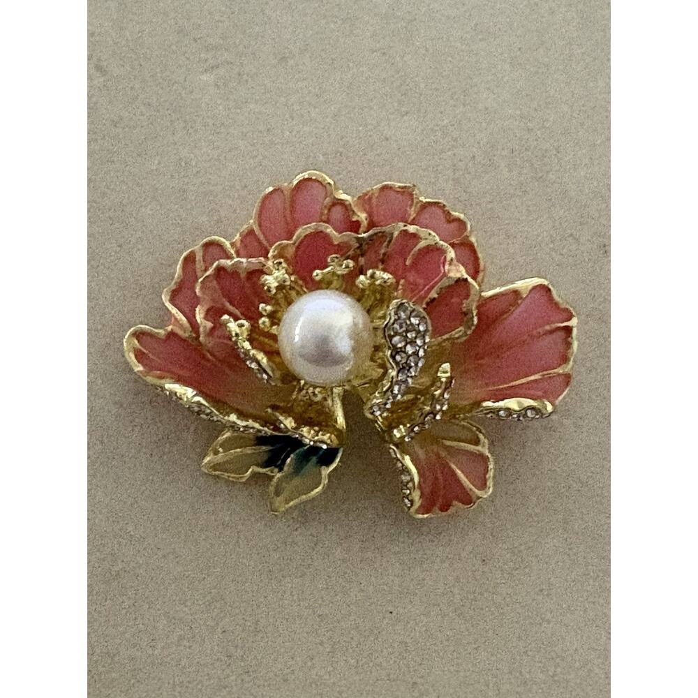 Peony Flower Brooch Pink Enamel Petals Faux Pearl Center